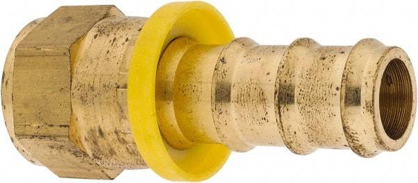 Eaton - 5/8" ID 7/8-14 UNF Barbed Push On Female JIC 37/SAE 45 Swivel Connector - 1-1/8" Cut Off Allowance, 2.54" Long, 1" Hex, Brass - Exact Tool & Supply