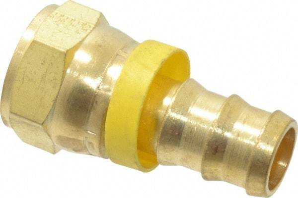 Eaton - 3/4" ID 1-1/16-12 UNF Barbed Push On Female JIC 37 Swivel Connector - 1-1/4" Cut Off Allowance, 2.66" Long, 1-1/4" Hex, Brass - Exact Tool & Supply