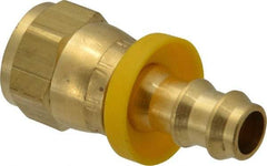 Eaton - 3/8" ID 5/8-18 UNF Barbed Push On Female SAE 45 Swivel Connector - 7/8" Cut Off Allowance, 1.62" Long, 3/4" Hex, Brass - Exact Tool & Supply