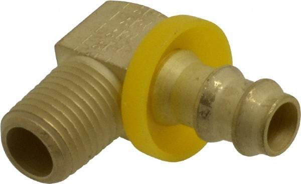 Eaton - 3/8" ID 1/4-18 NPT Barbed Push On Male Elbow - 3/8" Cut Off Allowance, 9/16" Hex, Brass - Exact Tool & Supply