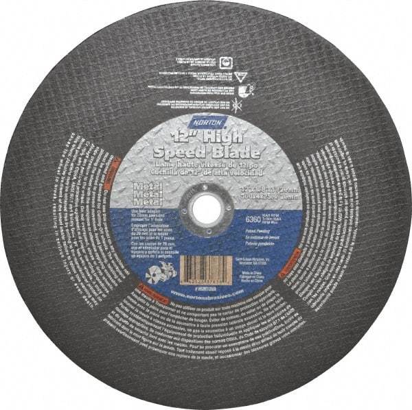 Norton - 12" 24 Grit Aluminum Oxide Cutoff Wheel - 1/8" Thick, 1" Arbor, 6,360 Max RPM, Use with Electric & Gas Powered Saws - Exact Tool & Supply