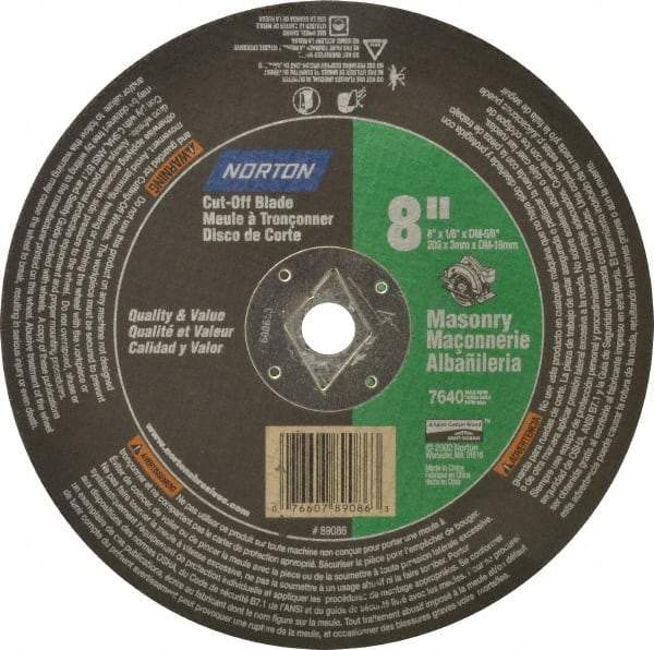 Norton - 8" 24 Grit Silicon Carbide Cutoff Wheel - 1/8" Thick, 5/8" Arbor, 7,640 Max RPM, Use with Circular Saws - Exact Tool & Supply