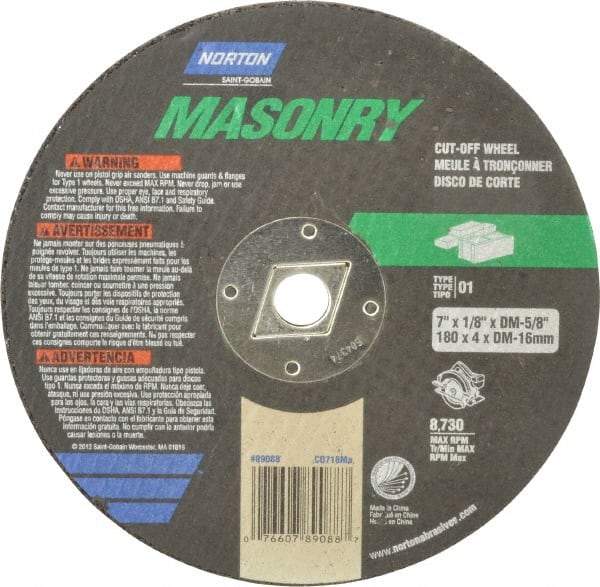 Norton - 7" 24 Grit Silicon Carbide Cutoff Wheel - 1/8" Thick, 5/8" Arbor, 8,730 Max RPM, Use with Circular Saws - Exact Tool & Supply