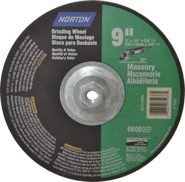 Norton - 24 Grit, 9" Wheel Diam, 1/4" Wheel Thickness, Type 27 Depressed Center Wheel - Silicon Carbide, 6,600 Max RPM, Compatible with Angle Grinder - Exact Tool & Supply