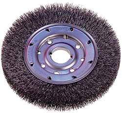 Osborn - 8" OD, 1-1/4" Arbor Hole, Crimped Steel Wheel Brush - 5/8" Face Width, 1-1/2" Trim Length, 0.008" Filament Diam, 4,500 RPM - Exact Tool & Supply