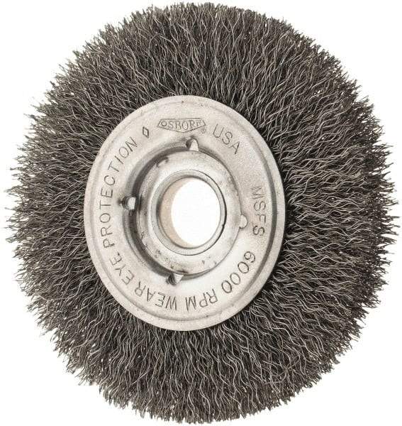 Osborn - 4" OD, 1/2 & 5/8" Arbor Hole, Crimped Steel Wheel Brush - 5/8" Face Width, 13/16" Trim Length, 0.0104" Filament Diam, 6,000 RPM - Exact Tool & Supply