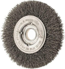 Osborn - 4" OD, 1/2 & 5/8" Arbor Hole, Crimped Steel Wheel Brush - 5/8" Face Width, 13/16" Trim Length, 0.0104" Filament Diam, 6,000 RPM - Exact Tool & Supply