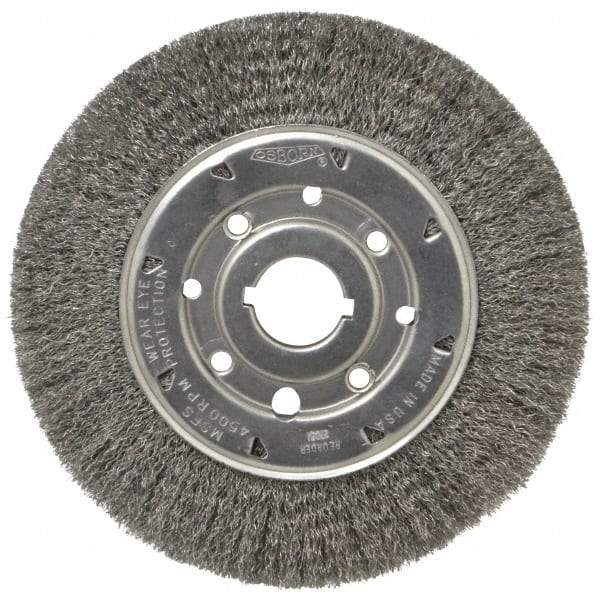Osborn - 8" OD, 1-1/4" Arbor Hole, Crimped Steel Wheel Brush - 5/8" Face Width, 1-1/2" Trim Length, 0.0104" Filament Diam, 4,500 RPM - Exact Tool & Supply