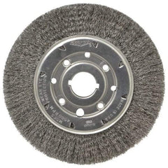 Osborn - 8" OD, 1-1/4" Arbor Hole, Crimped Steel Wheel Brush - 5/8" Face Width, 1-1/2" Trim Length, 0.0104" Filament Diam, 4,500 RPM - Exact Tool & Supply