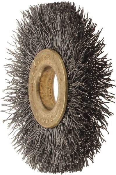 Osborn - 1-1/2" OD, 3/8" Arbor Hole, Crimped Steel Wheel Brush - 7/32" Face Width, 3/8" Trim Length, 0.008" Filament Diam, 20,000 RPM - Exact Tool & Supply