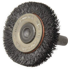 Osborn - 1-1/2" OD, 1/4" Shank Diam, Crimped Steel Wheel Brush - 3/8" Face Width, 9/32" Trim Length, 0.008" Filament Diam, 25,000 RPM - Exact Tool & Supply