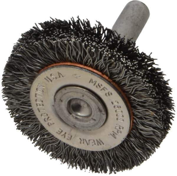 Osborn - 1-1/2" OD, 1/4" Shank Diam, Crimped Steel Wheel Brush - 3/8" Face Width, 9/32" Trim Length, 0.0118" Filament Diam, 25,000 RPM - Exact Tool & Supply