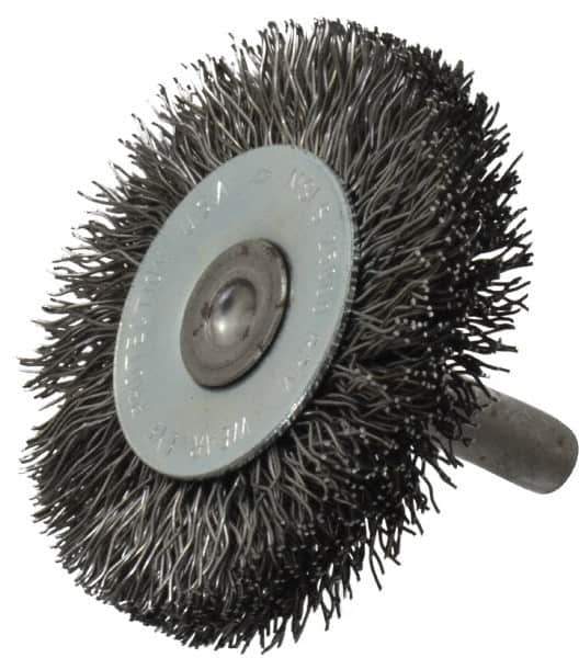 Osborn - 2" OD, 1/4" Shank Diam, Crimped Steel Wheel Brush - 3/8" Face Width, 7/16" Trim Length, 0.014" Filament Diam, 25,000 RPM - Exact Tool & Supply