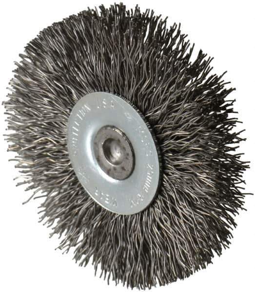 Osborn - 2-1/2" OD, 1/4" Shank Diam, Crimped Steel Wheel Brush - 7/16" Face Width, 11/16" Trim Length, 0.014" Filament Diam, 25,000 RPM - Exact Tool & Supply