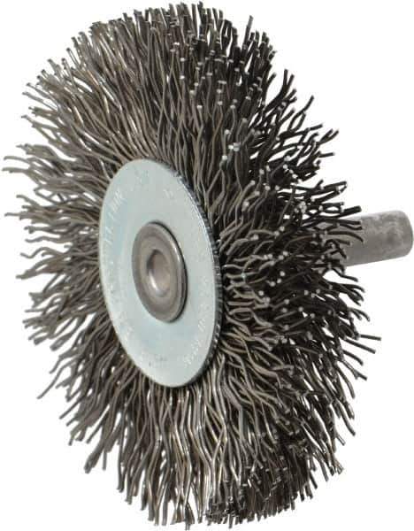 Osborn - 2-1/2" OD, 1/4" Shank Diam, Crimped Steel Wheel Brush - 7/16" Face Width, 11/16" Trim Length, 0.02" Filament Diam, 25,000 RPM - Exact Tool & Supply