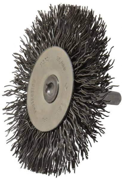Osborn - 3" OD, 1/4" Shank Diam, Crimped Steel Wheel Brush - 7/16" Face Width, 3/4" Trim Length, 0.02" Filament Diam, 25,000 RPM - Exact Tool & Supply