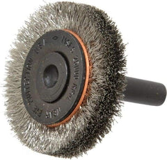 Osborn - 1-1/2" OD, 1/4" Shank Diam, Crimped Stainless Steel Wheel Brush - 3/8" Face Width, 9/32" Trim Length, 0.006" Filament Diam, 25,000 RPM - Exact Tool & Supply