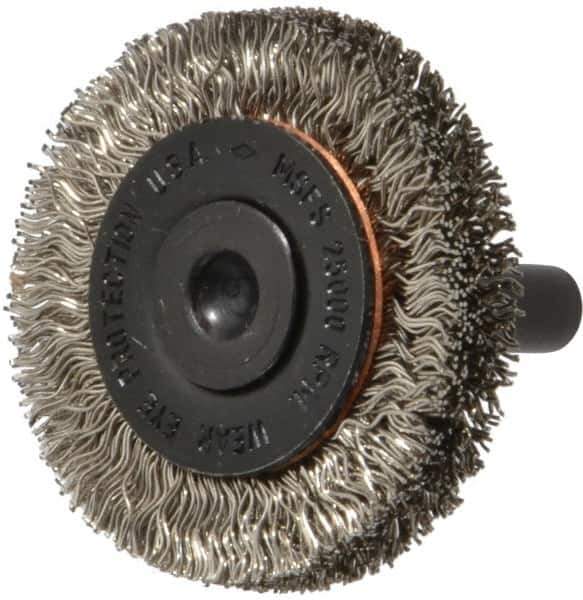 Osborn - 1-1/2" OD, 1/4" Shank Diam, Crimped Stainless Steel Wheel Brush - 3/8" Face Width, 9/32" Trim Length, 0.012" Filament Diam, 25,000 RPM - Exact Tool & Supply