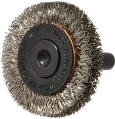 Osborn - 1-1/2" OD, 1/4" Shank Diam, Crimped Stainless Steel Wheel Brush - 3/8" Face Width, 9/32" Trim Length, 0.012" Filament Diam, 25,000 RPM - Exact Tool & Supply