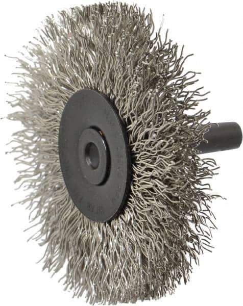 Osborn - 2-1/2" OD, 1/4" Shank Diam, Crimped Stainless Steel Wheel Brush - 7/16" Face Width, 11/16" Trim Length, 0.014" Filament Diam, 25,000 RPM - Exact Tool & Supply