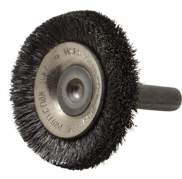Osborn - 1-1/2" OD, 1/4" Shank Diam, Crimped Steel Wheel Brush - 3/8" Face Width, 3/8" Trim Length, 0.006" Filament Diam, 20,000 RPM - Exact Tool & Supply
