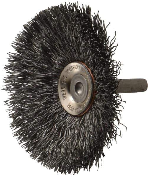 Osborn - 3" OD, 1/4" Shank Diam, Crimped Steel Wheel Brush - 7/16" Face Width, 15/16" Trim Length, 0.014" Filament Diam, 20,000 RPM - Exact Tool & Supply