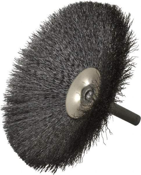 Osborn - 4" OD, 1/4" Shank Diam, Crimped Steel Wheel Brush - 1/2" Face Width, 1-7/16" Trim Length, 0.006" Filament Diam, 15,000 RPM - Exact Tool & Supply