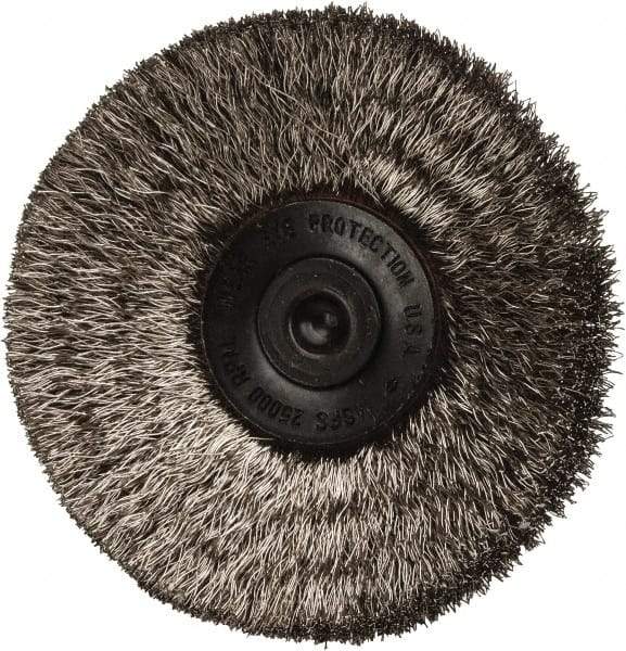 Osborn - 2-1/2" OD, 1/4" Shank Diam, Crimped Stainless Steel Wheel Brush - 7/16" Face Width, 11/16" Trim Length, 0.006" Filament Diam, 20,000 RPM - Exact Tool & Supply