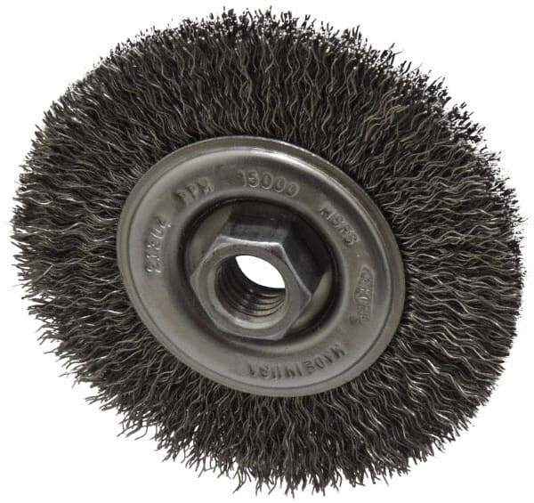 Osborn - 4" OD, 5/8-11 Arbor Hole, Crimped Steel Wheel Brush - 1/2" Face Width, 0.014" Filament Diam, 15,000 RPM - Exact Tool & Supply