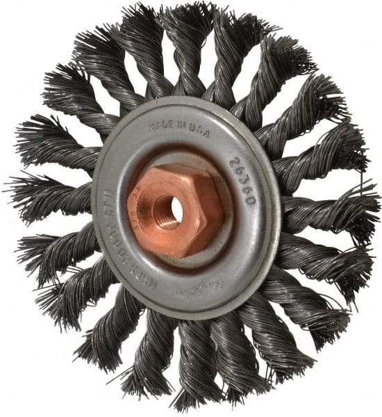 Osborn - 4" OD, 3/8-24 Arbor Hole, Knotted Steel Wheel Brush - 3/8" Face Width, 7/8" Trim Length, 0.014" Filament Diam, 20,000 RPM - Exact Tool & Supply