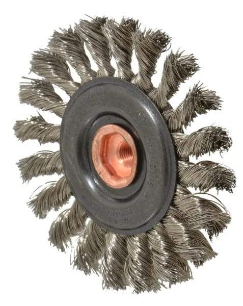 Osborn - 4" OD, 3/8-24 Arbor Hole, Knotted Stainless Steel Wheel Brush - 3/8" Face Width, 7/8" Trim Length, 0.014" Filament Diam, 20,000 RPM - Exact Tool & Supply
