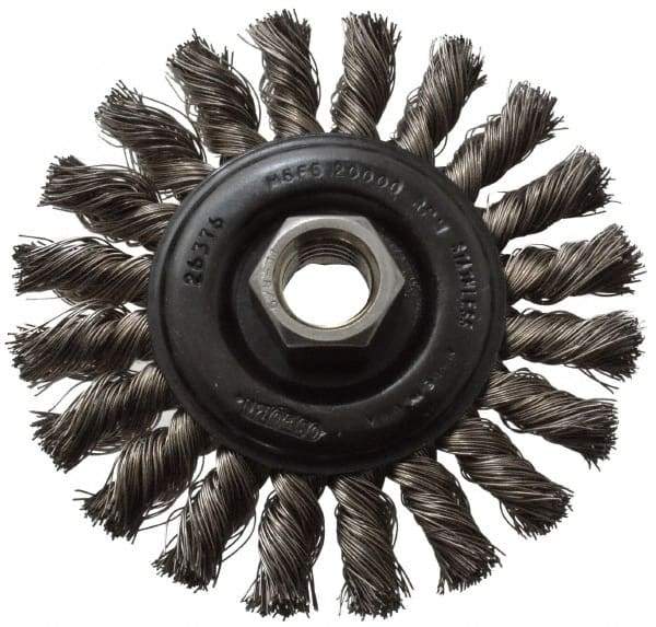Osborn - 4" OD, 5/8-11 Arbor Hole, Knotted Stainless Steel Wheel Brush - 3/8" Face Width, 7/8" Trim Length, 0.014" Filament Diam, 20,000 RPM - Exact Tool & Supply