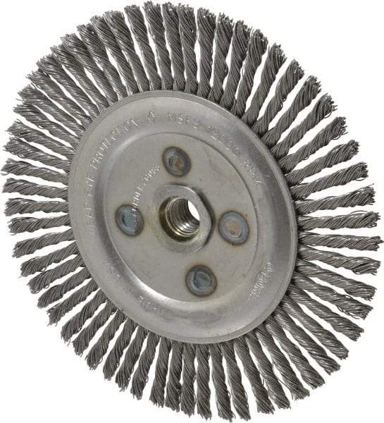 Osborn - 6-1/2" OD, 5/8-11 Arbor Hole, Knotted Steel Wheel Brush - 3/16" Face Width, 1-1/4" Trim Length, 0.02" Filament Diam, 12,000 RPM - Exact Tool & Supply
