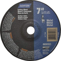 Norton - 60 Grit, 7" Wheel Diam, 1/8" Wheel Thickness, 7/8" Arbor Hole, Type 27 Depressed Center Wheel - Aluminum Oxide, 8,600 Max RPM, Compatible with Angle Grinder - Exact Tool & Supply