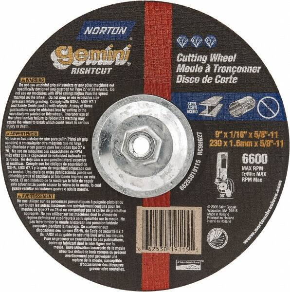 Norton - 9" Wheel Diam, 1/16" Wheel Thickness, Type 27 Depressed Center Wheel - Aluminum Oxide, 6,600 Max RPM, Compatible with Angle Grinder - Exact Tool & Supply