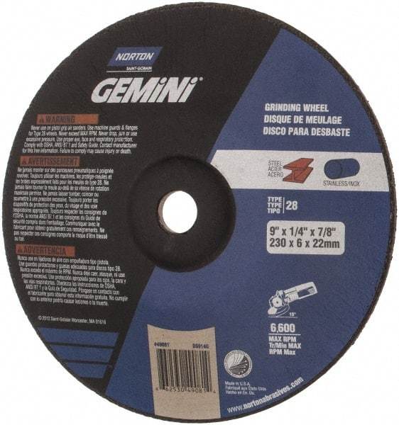 Norton - 24 Grit, 9" Wheel Diam, 1/4" Wheel Thickness, 7/8" Arbor Hole, Type 28 Depressed Center Wheel - Aluminum Oxide, 6,600 Max RPM, Compatible with Angle Grinder - Exact Tool & Supply