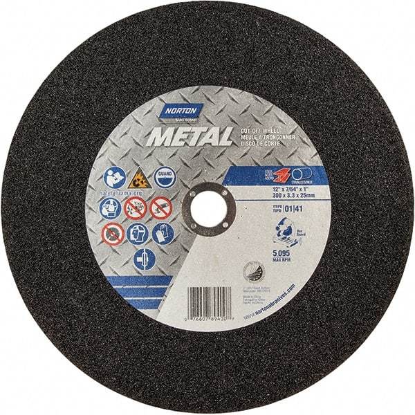 Norton - 12" 36 Grit Aluminum Oxide Cutoff Wheel - 7/64" Thick, 1" Arbor, 5,095 Max RPM, Use with Chop Saws - Exact Tool & Supply