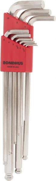 Bondhus - 9 Piece L-Key Ball End Hex Key Set - Hex Range 1.5 to 10mm, 11" OAL, Protanium High Torque Steel - Exact Tool & Supply