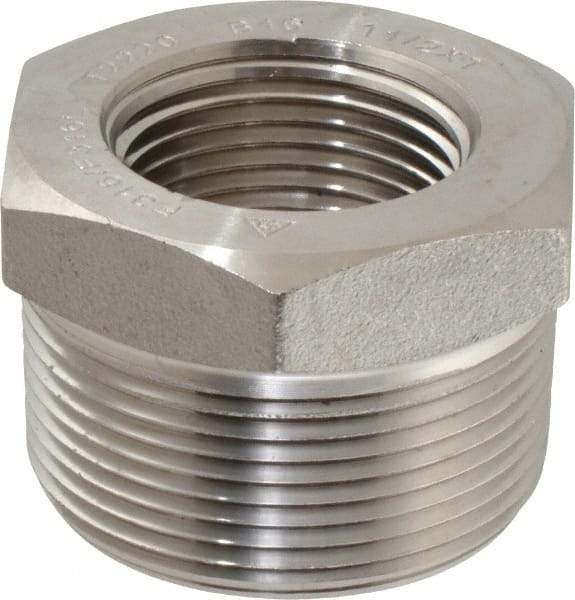 Merit Brass - 1-1/2 x 1" Grade 316/316L Stainless Steel Pipe Hex Bushing - MNPT x FNPT End Connections, 3,000 psi - Exact Tool & Supply
