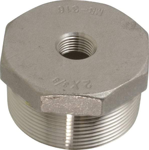 Merit Brass - 2 x 3/8" Grade 316 Stainless Steel Pipe Hex Bushing - MNPT x FNPT End Connections, 150 psi - Exact Tool & Supply