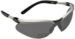 3M - +2.5, Gray Lenses, Scratch Resistant, Framed Magnifying Safety Glasses - UV Protection, Adjustable Temples, Silver/Black Plastic Frame, ANSI Z87.1-2003 - Exact Tool & Supply