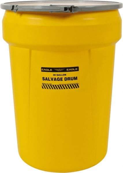 Eagle - 30 Gallon Capacity, Metal Lever Lock, Yellow Salvage Drum - 5 Gallon Container, Polyethylene, 220 Lb. Capacity, UN 1H2/X100/S Listing - Exact Tool & Supply