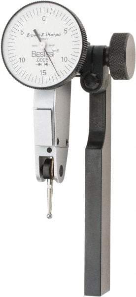TESA Brown & Sharpe - 0.03 Inch Range, 0.0005 Inch Dial Graduation, Horizontal Dial Test Indicator - 1 Inch White Dial, 0-15-0 Dial Reading - Exact Tool & Supply