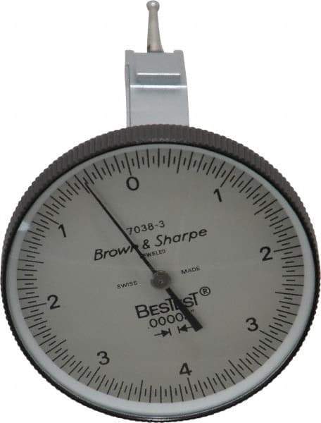 TESA Brown & Sharpe - 0.008 Inch Range, 0 Inch Dial Graduation, Vertical Dial Test Indicator - 1-1/2 Inch White Dial, 0-4-0 Dial Reading - Exact Tool & Supply