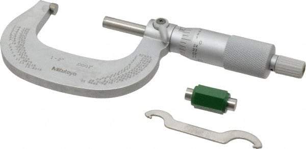 Mitutoyo - 1 to 2" Range, 0.0001" Graduation, Mechanical Outside Micrometer - Ratchet Stop Thimble, Accurate to 0.0001" - Exact Tool & Supply