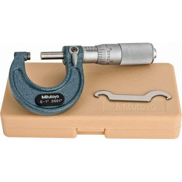 Mitutoyo - 0 to 1" Range, 0.0001" Graduation, Mechanical Outside Micrometer - Friction Thimble, Accurate to 0.0001" - Exact Tool & Supply