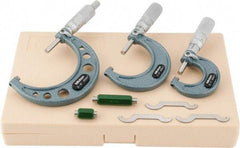 Mitutoyo - 0 to 3" Range, 3 Piece Mechanical Outside Micrometer Set - 0.0001" Graduation, 0.0001" Accuracy, Friction Thimble, Carbide Tipped Face - Exact Tool & Supply