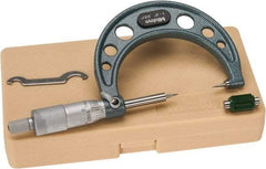 Mitutoyo - 1 to 2 Inch, 49mm Throat Depth, Ratchet Stop, Mechanical Point Micrometer - Accurate Up to 0.00015 Inch, 0.001 Inch Graduation, 0.5039 Inch Point Length, 15° Point Angle, 18mm Head Diameter, 6.35mm Spindle Diameter - Exact Tool & Supply