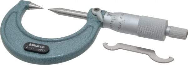 Mitutoyo - 1 Inch, 38mm Throat Depth, Ratchet Stop, Mechanical Point Micrometer - Accurate Up to 0.00015 Inch, 0.001 Inch Graduation, 0.5039 Inch Point Length, 30° Point Angle, 18mm Head Diameter, 6.35mm Spindle Diameter - Exact Tool & Supply