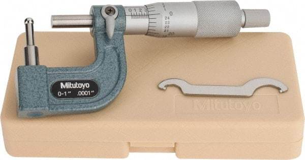 Mitutoyo - 1 Inch Measurement Range, 0.0001 Inch Graduation, Barrel Anvil, Ratchet Stop Thimble, Mechanical Tube Micrometer - Accurate Up to 0.0002 Inch, Carbide, Includes Plastic Case - Exact Tool & Supply